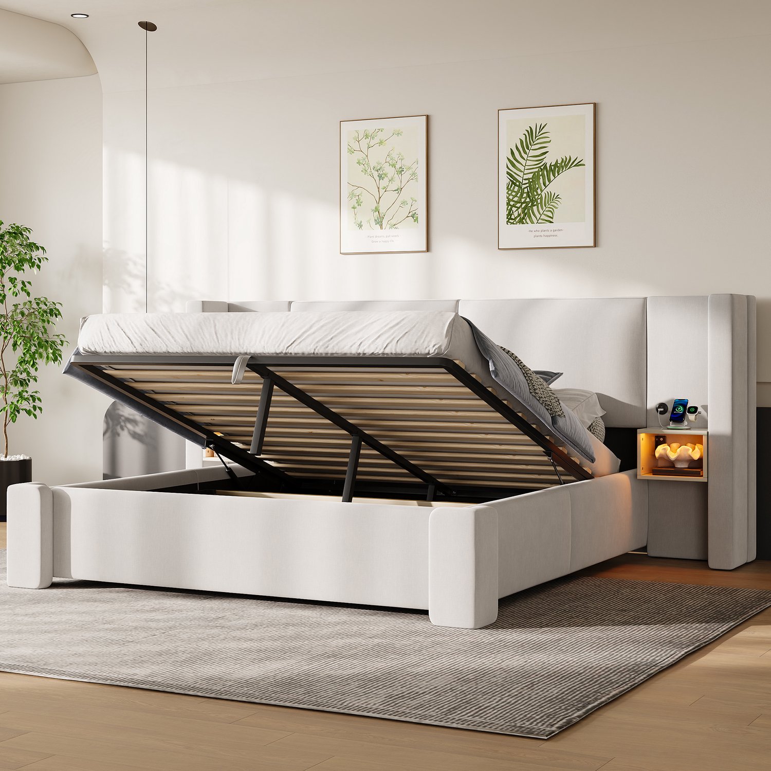 HAUSS SPOLE Gestoffeerd Bed 140x200 cm - Hydraulische Opbergruimte en Lattenbodem - Nachtkastjes met Ledverlichting - Zonder Matras - Linnen - Beige