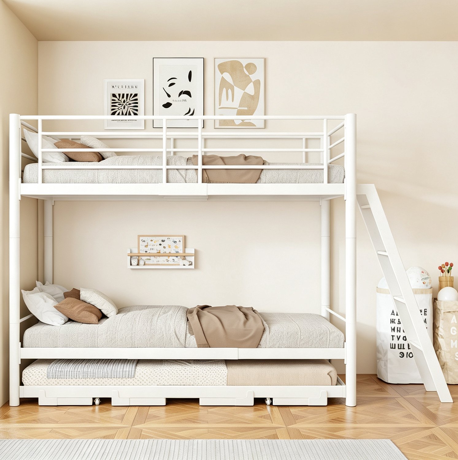 HAUSS SPOLE Stapelbed 90x200 cm - Uitschuifbaar Onderbed met Lattenbodem - Zonder Matras - Voor Kinderkamer en Logeerkamer - Metaal en Hout - Wit