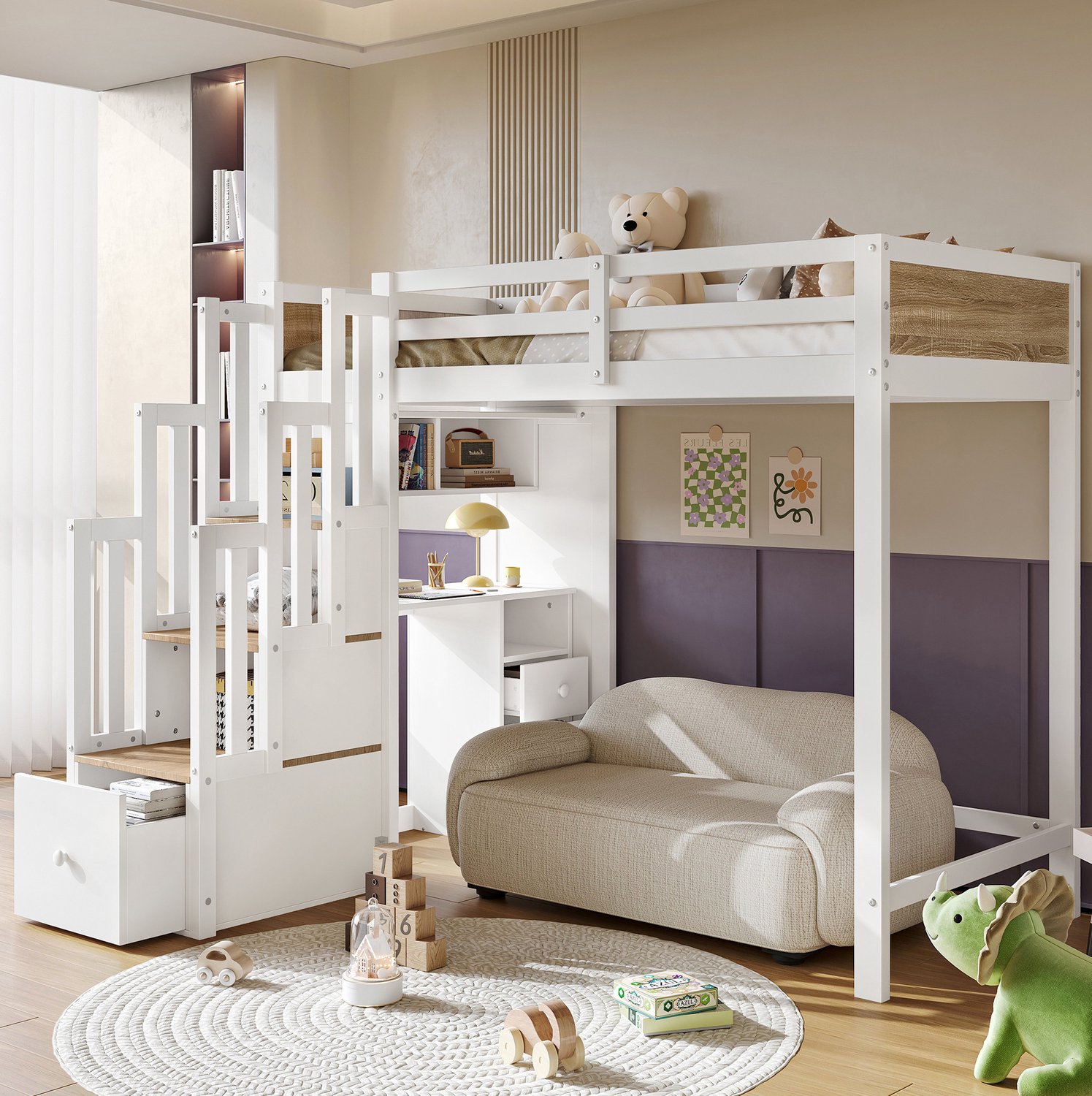 HAUSS SPOLE Halfhoogslaper 90x200 cm - Kinderbed met Bureau en Opbergruimte - Trap met Opbergvakken - Zonder matras - Hout en MDF - Wit en Naturel