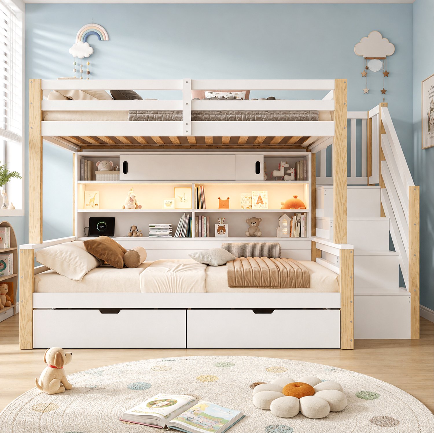 HAUSS SPOLE Stapelbed 90x200 cm - Kinderbed met Opbergtrap en Verlichting - Met Opbergruimte - Zonder matras - Hout en MDF - Wit en Naturel
