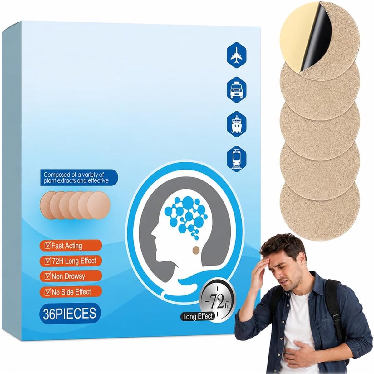 Kruidenlijmpleisters voor reizigers, met natuurlijke ingrediënten en een verfrissend effect, ideaal voor lange reizen per auto, Pakket van 36 eenheden, gemakkelijk aan te brengen en mee te nemen