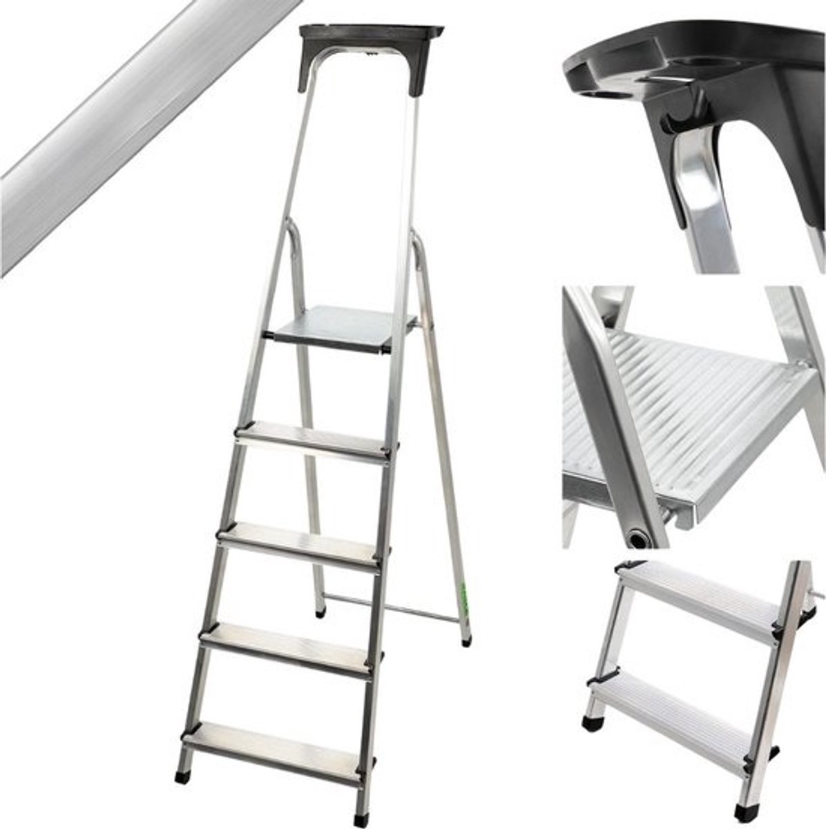 Huishoudtrap - 5 treden - Inklapbaar keukentrapje - Basic - Keukentrap - trapladder - Opstapje - vouwladder, ladders en keukentrap - Aluminium