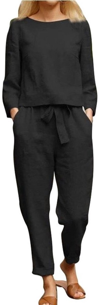 Damesbroekpak - met lange mouwen | Casual outfit - voor lente en herfst - met wijde pijpen | Zwart - met taillekoord en zakken | Maat L
