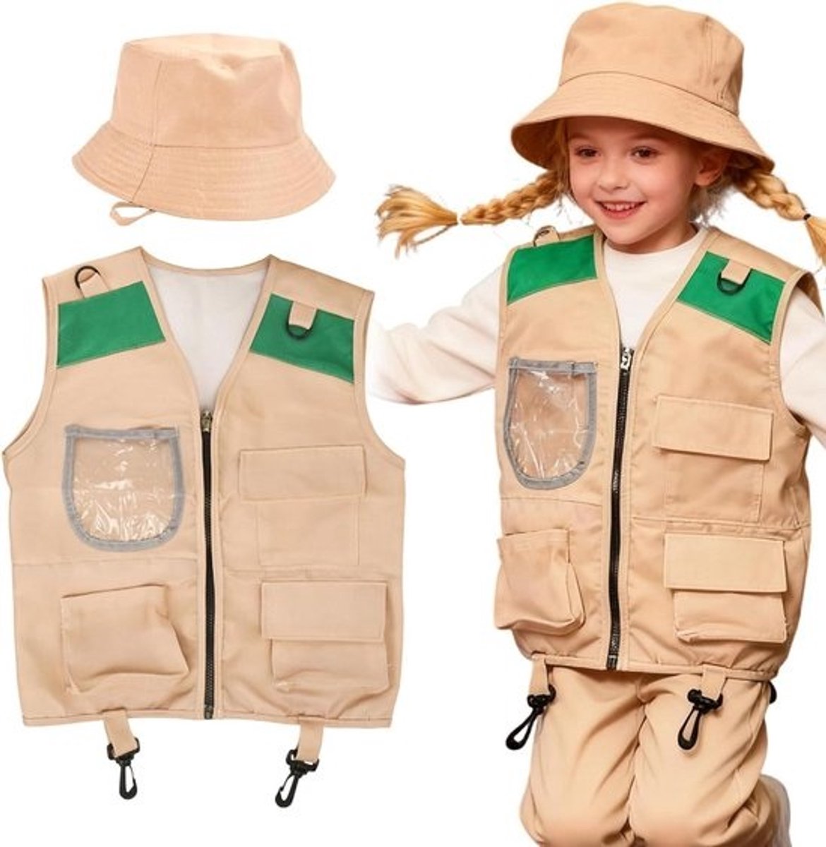 Kinderkostuumset - Avonturenoutfit - Rollenspel buiten - Inclusief vest hoed - 27 x 24 cm - Safari bruin