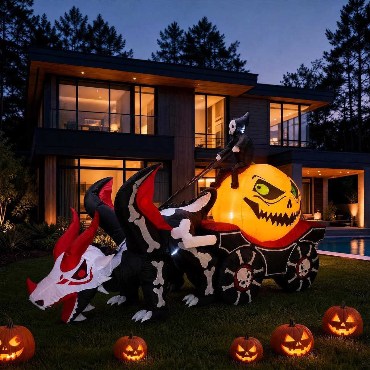 Opblaasbare Magere Hein 270cm met Pompoenen LED - Halloween Tuin