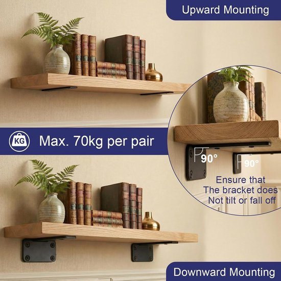 Set van 6 Hoekige Drijvende Plankbeugels van 15 cm met een Draagcapaciteit van 70 kg, Zwart, Ideaal voor Wandplanken en Decoratie — afbeelding 2