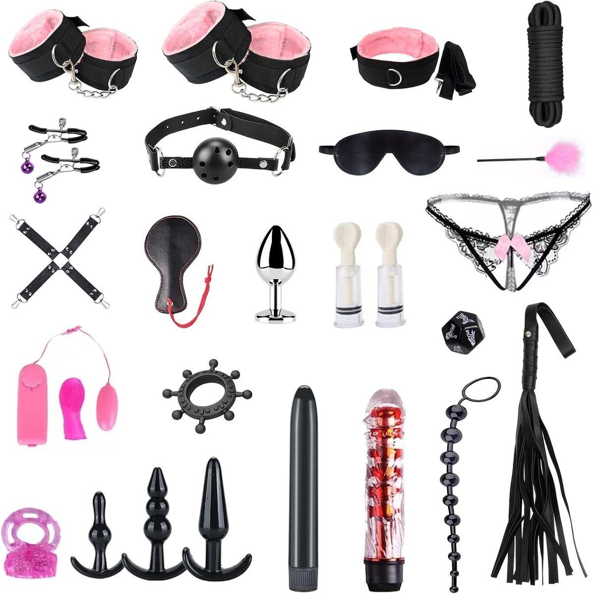Bondage Set 26 Piece BDSM Bed Fixation Kit and Passion Beginner, Including Anal Plug, Handcuffs, Vibrator, Vibrator - ShopVlot