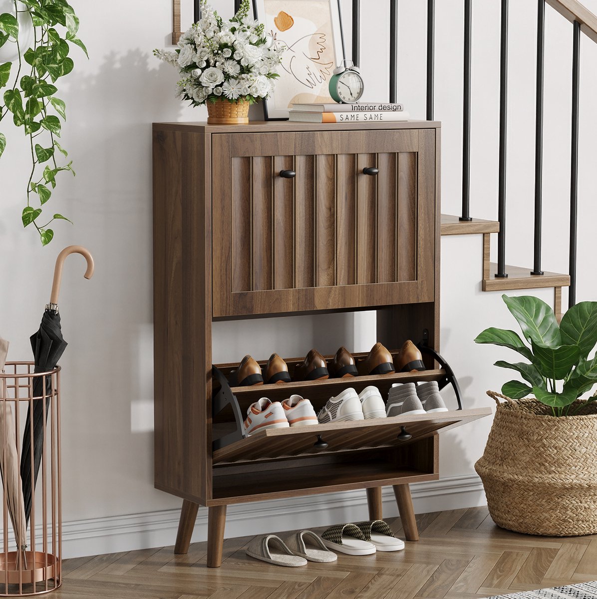 WUVRIE Schoenenkast 60 x 24 x 95 cm - 2 kleppen met verstelbare vakken - Walnootkleur