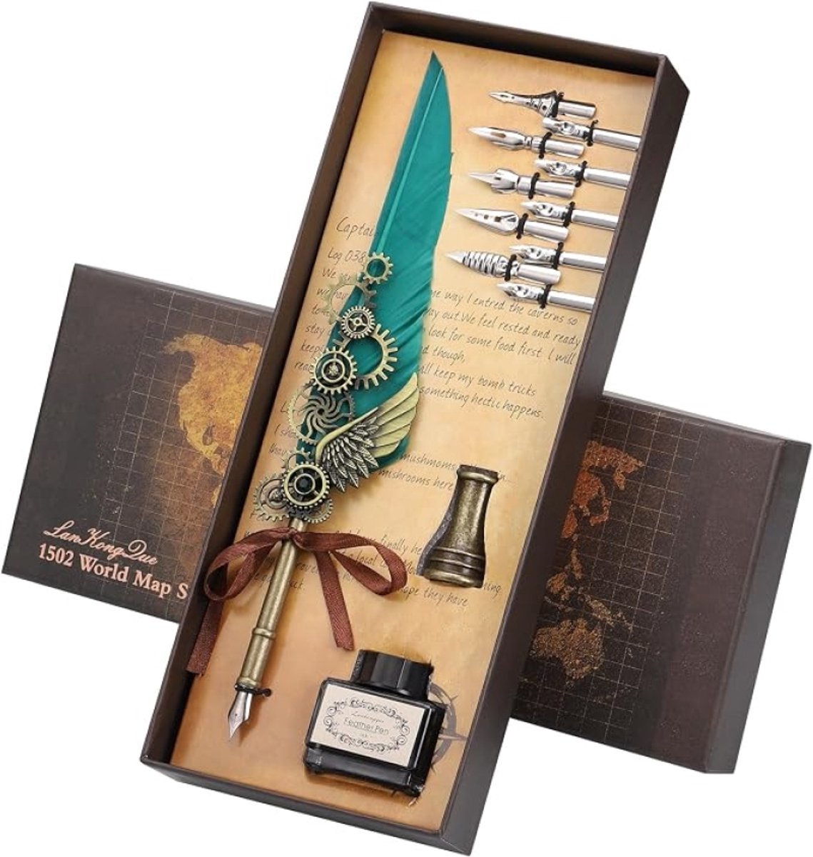 Kalligrafieset met Ganzenveer en Steampunk Tandwieldecoratie - Inclusief 10 Vervangende Penpunten, Inktpotje en Geschenkdoos