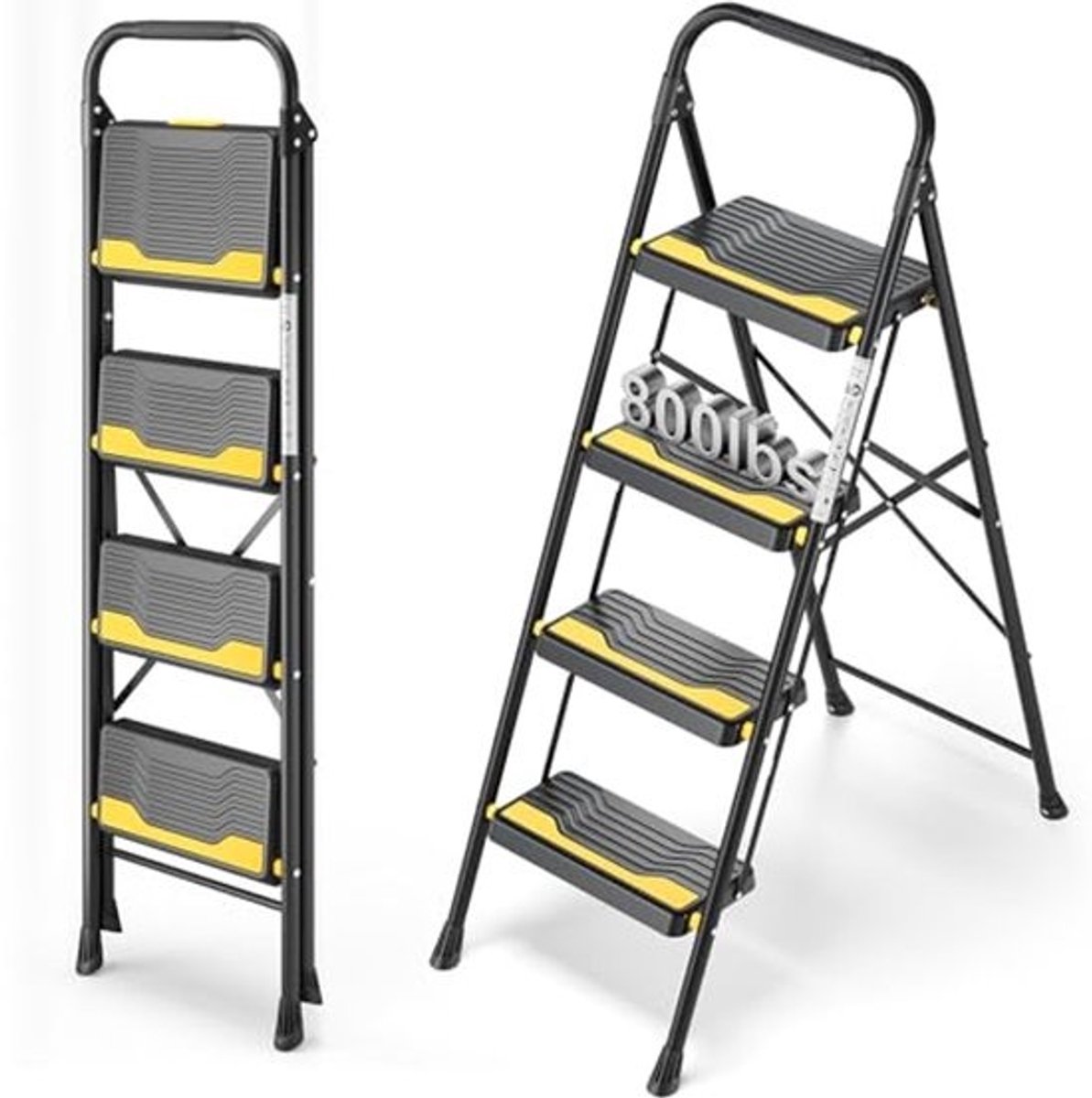 Inklapbare trapladder - 4 treden - Hoog belastbaar tot 150 kg - Antislip en met leuning - Compacte huishoudladder - Voor keuken, kantoor en tuin