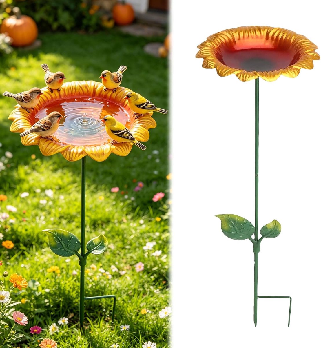 Vogelbad staand - vogelvoederdispenser, vogelbad tuin, waterbad voor vogels, vogelbad bloem - 20 cm schaal, 64 cm, zonnebloem met grondpen voor balkon, terras, gazon