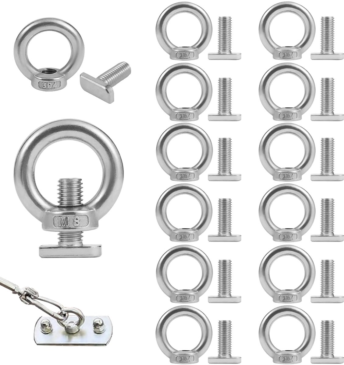 24 stuks T-moer adapter M8 x 25 mm ringmoer 304 roestvrij staal oogschroef | Zilveren hamerkopschroef met oogmoer, ringschroef oogmoer voor bevestiging van dakdragers, dakkoffer, dakfietsendrager