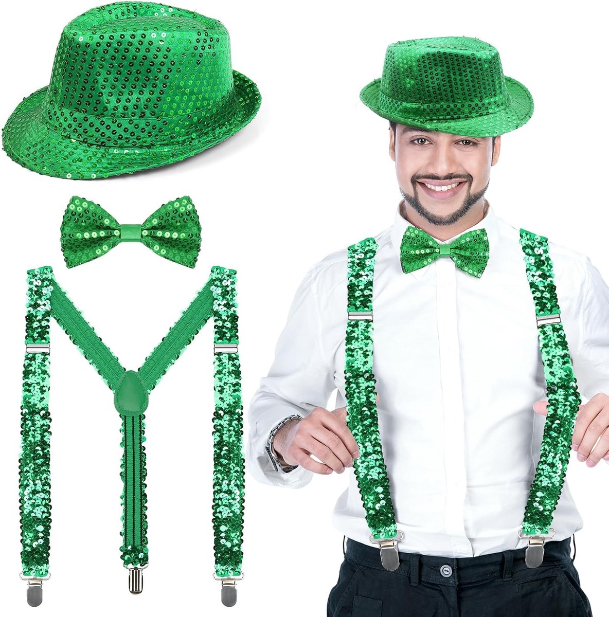 Glitteroutfit voor heren, oudejaarsavond, paillettenkostuum met glittervlinderdas, hoed, bretels, glitteraccessoires voor carnaval, Halloween, themafeest