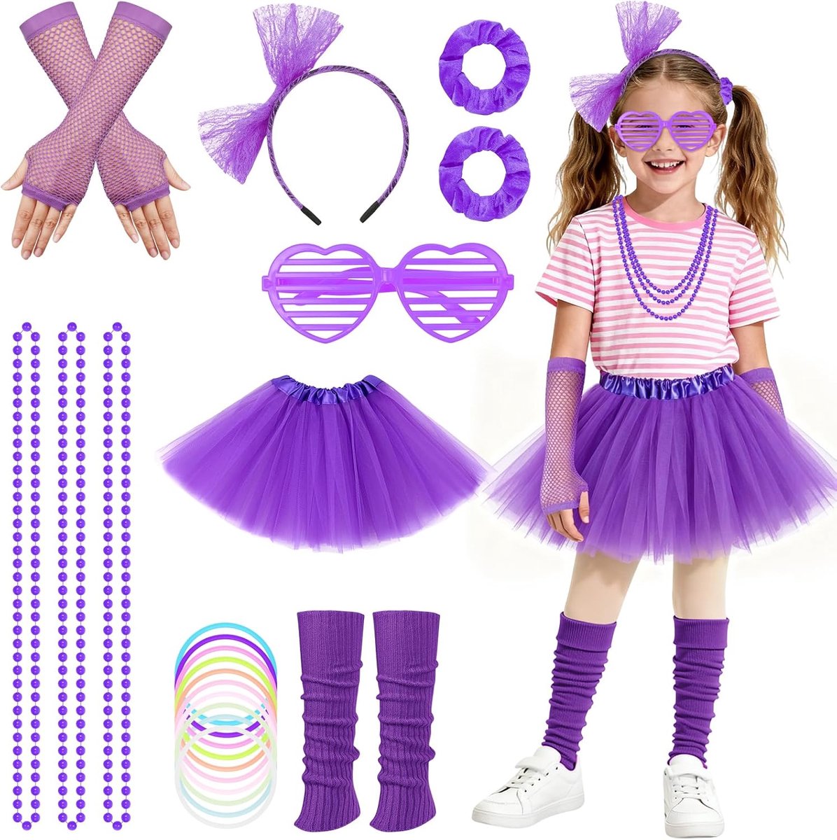 80-90-outfit, jaren 80-carnavalskostuum, accessoires voor meisjes met tutu/hoofdband, mouwen, armbanden, haarbanden, halskettingen, voetenzakjes, bril, jaren 90-outfit, set kinderkleding
