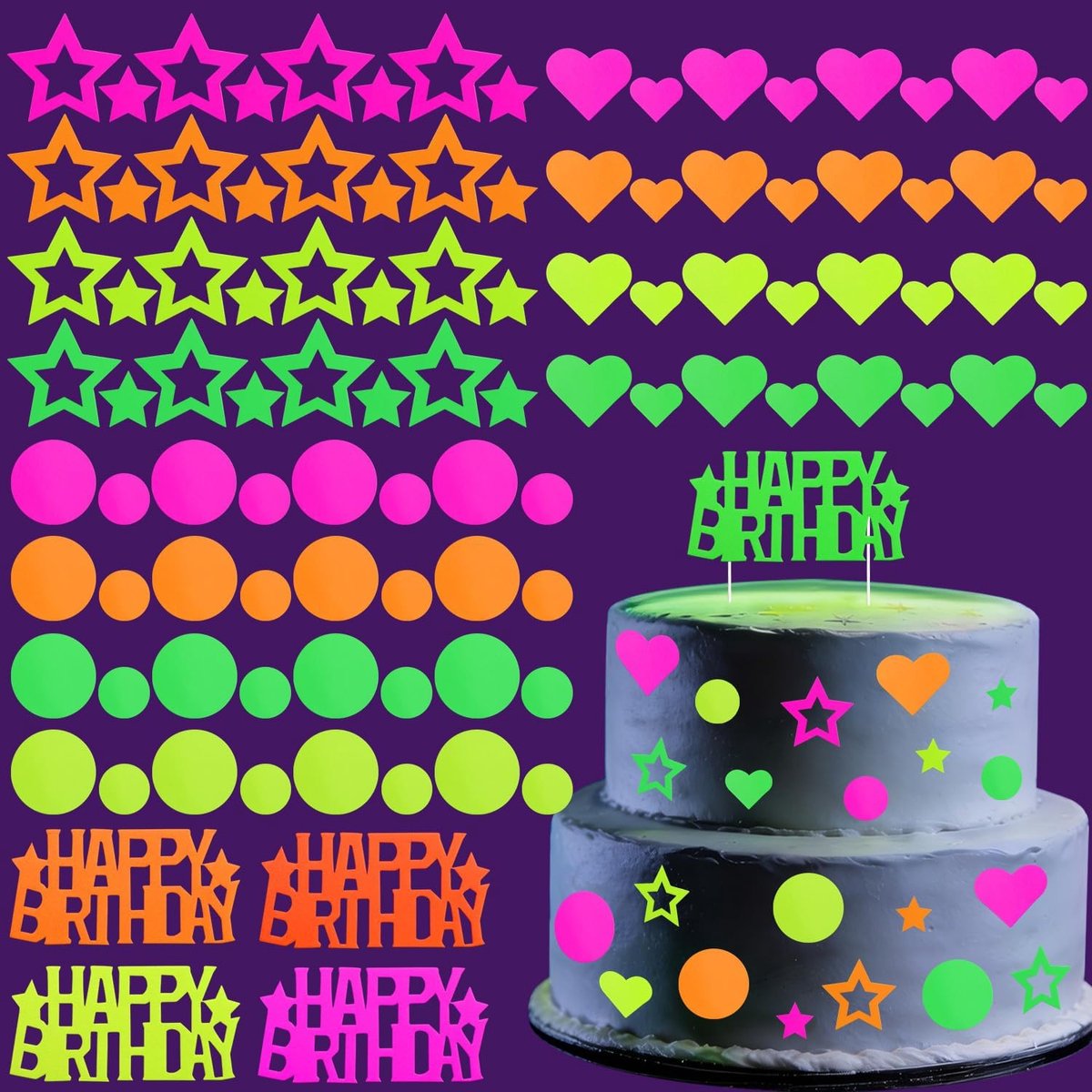 101 stuks neon taartdecoraties, taarttoppers, glow in the dark feestbenodigdheden, gelukkige verjaardagstoppers voor UV-feesten, neon verjaardagsdecoraties, Halloween