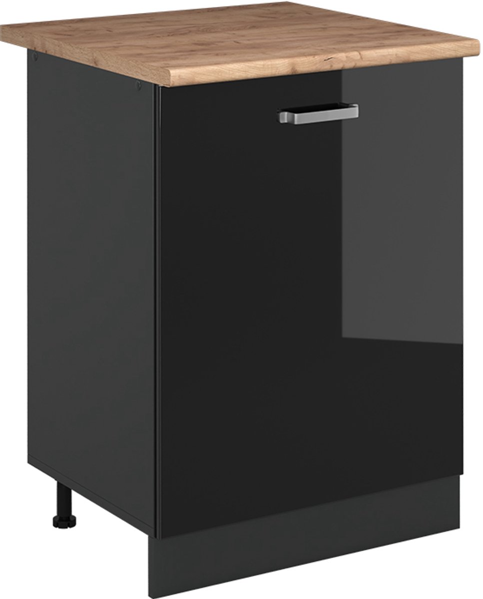 Vicco Keukenonderkast R-Line, Zwart hoogglans/Antraciet, 60 cm met 1 deur goudkleurig eiken werkblad