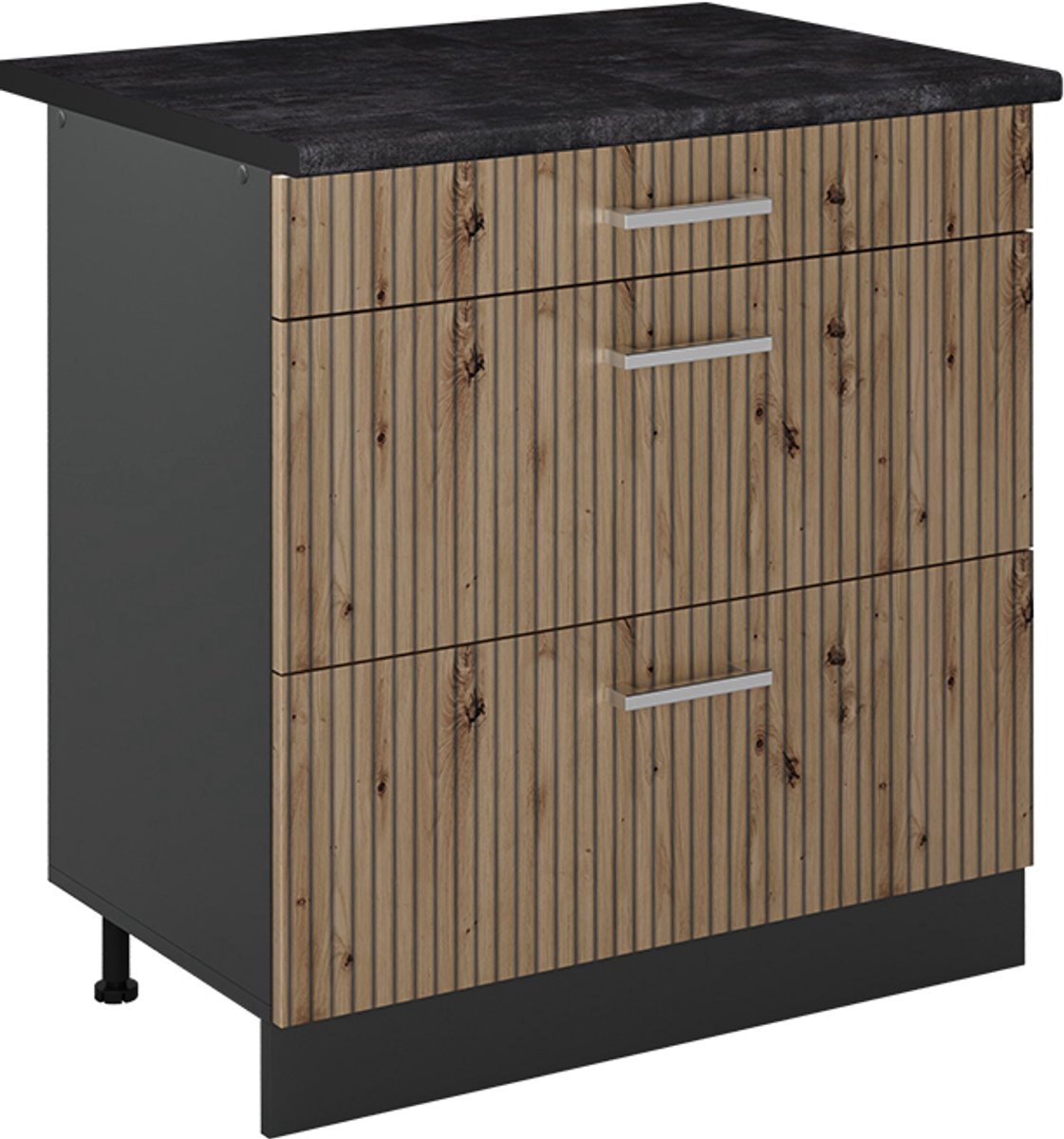 Vicco Keukenonderkast R-Line, Artisanaal eiken/Antraciet, 80 cm met 3 laden antraciet werkblad