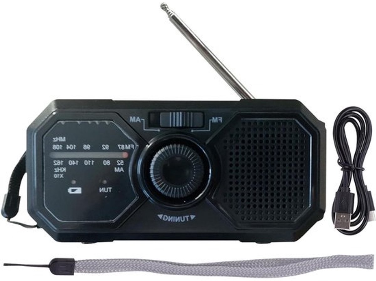 Noodweerradio - Opwindbare radio - Voor buitenactiviteiten - Opladen met zonne-energie - 13 cm - Zwart
