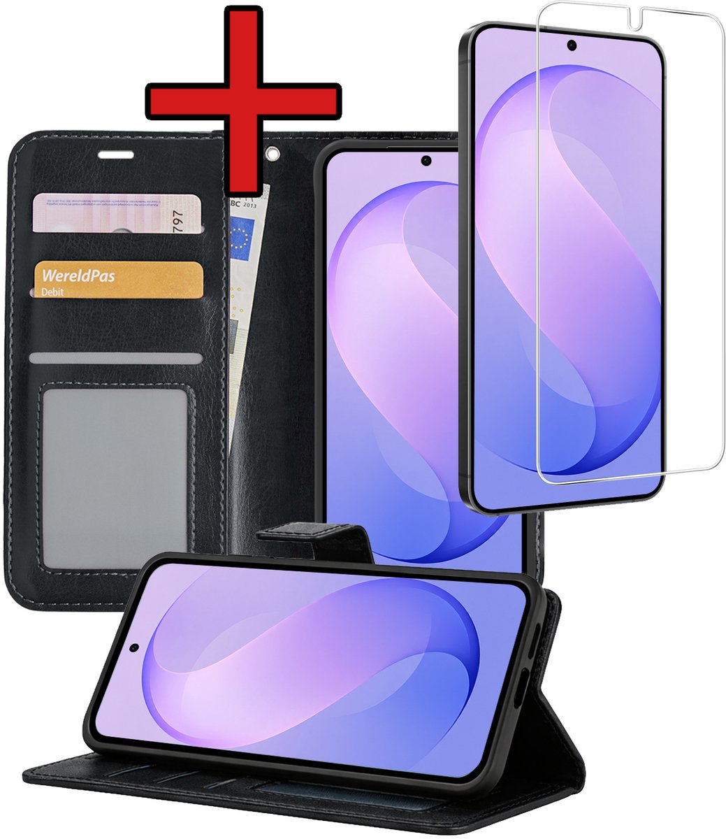 Hoesje - Met Screenprotector - Geschikt voor Samsung Galaxy S26 FE - Luxe Pasjeshouder - Flipcase - Bookcase Portemonee - Flip Case - Kunstleer Book Case - Book Cover - Walletcase - Portemonneehoes - Telefoonhoes - Zwart
