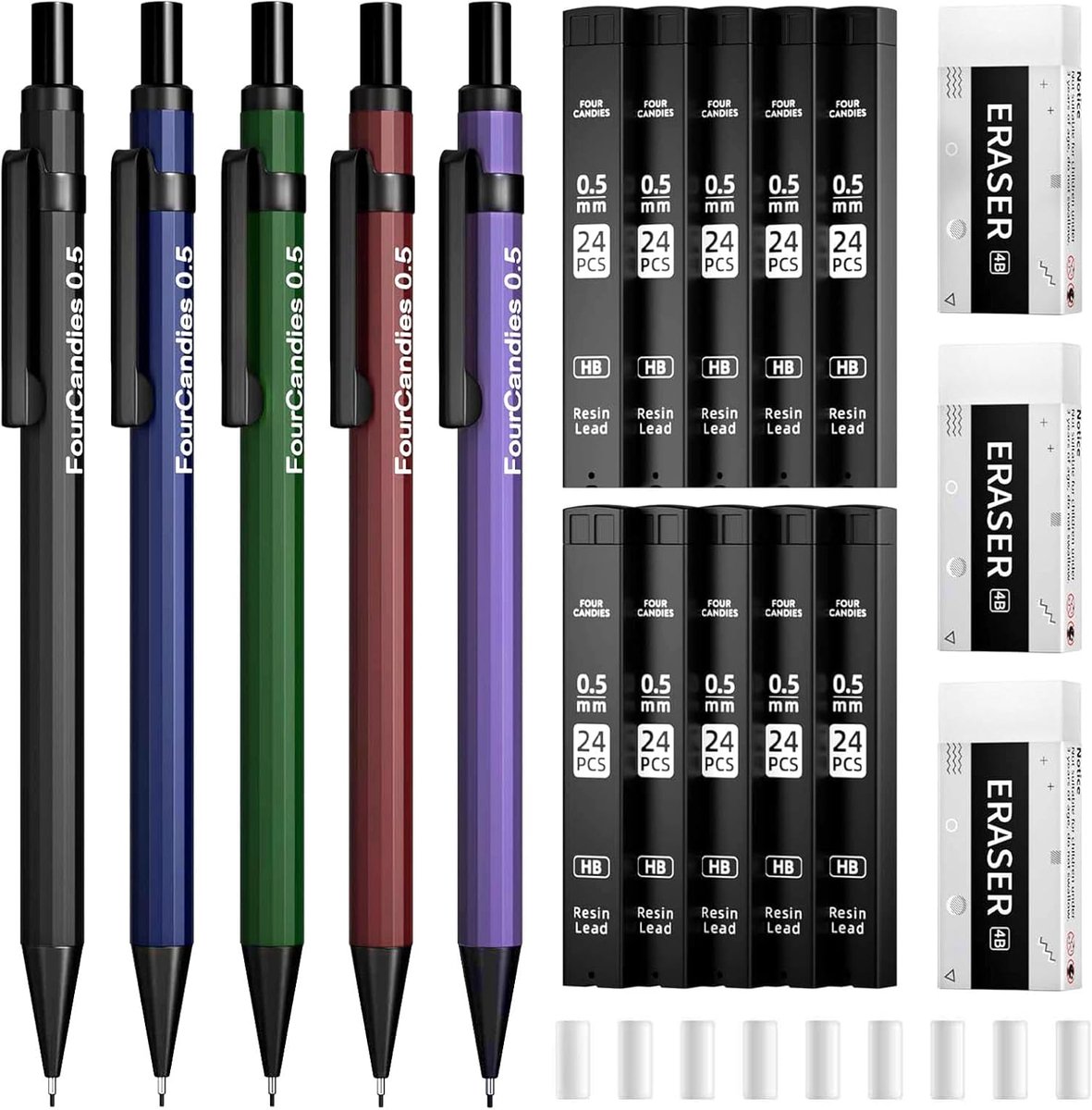Four Candies 0.5mm Mechanical Pencil Set with Case - 5PCS Metal Mechanical Pencils, 10 Tubes HB #2 Lead Refills, 3PCS - ShopVlot