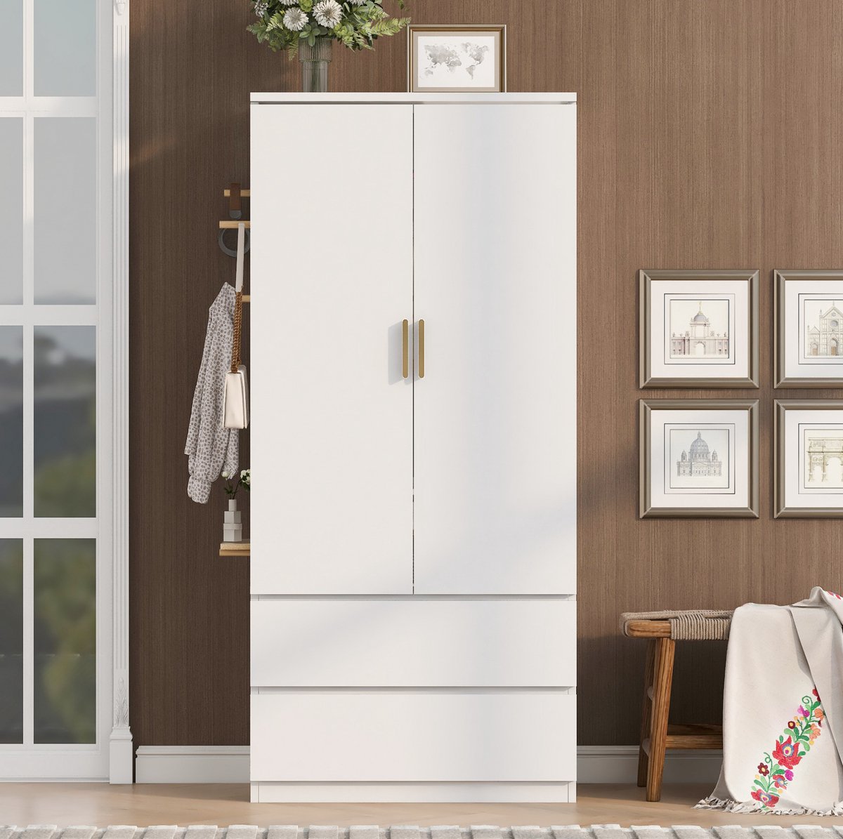 OKWISH Kledingkast - 2 Laden En Hanggedeelte - Verborgen Opbergvakken Met Perforatiepaneel - MDF En Multiplex Wit - 70 x 50 x 170 cm