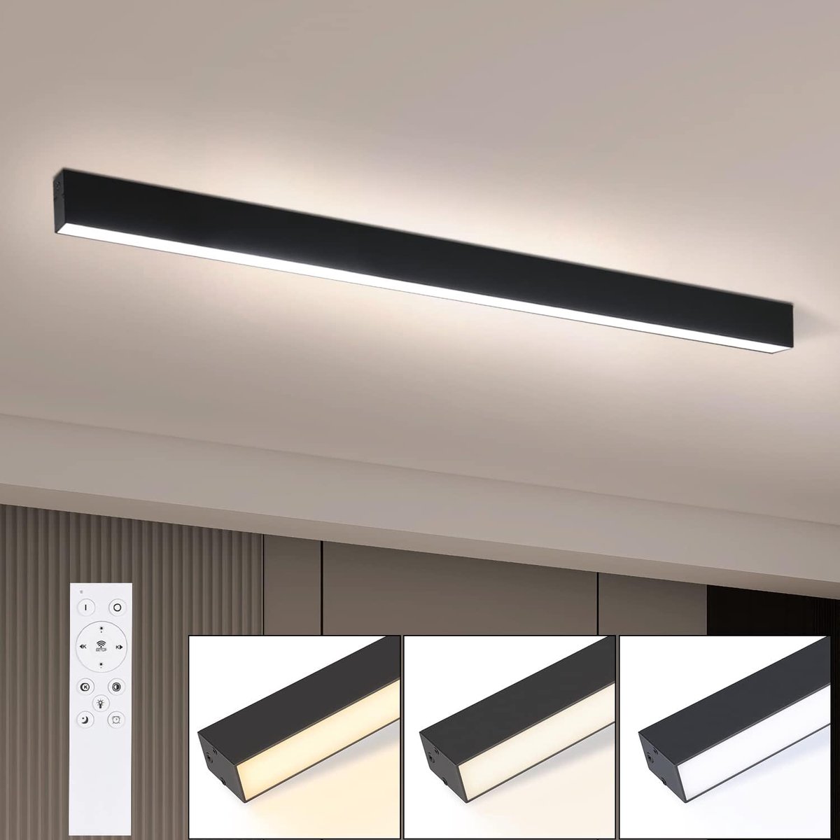 Plafondlamp LED Woonkamerlamp 107CM Lang Zwart Keukenlamp 32W | Kantoorlamp Modern Dimbare Plafondlamp met Afstandsbediening voor Keuken Slaapkamer