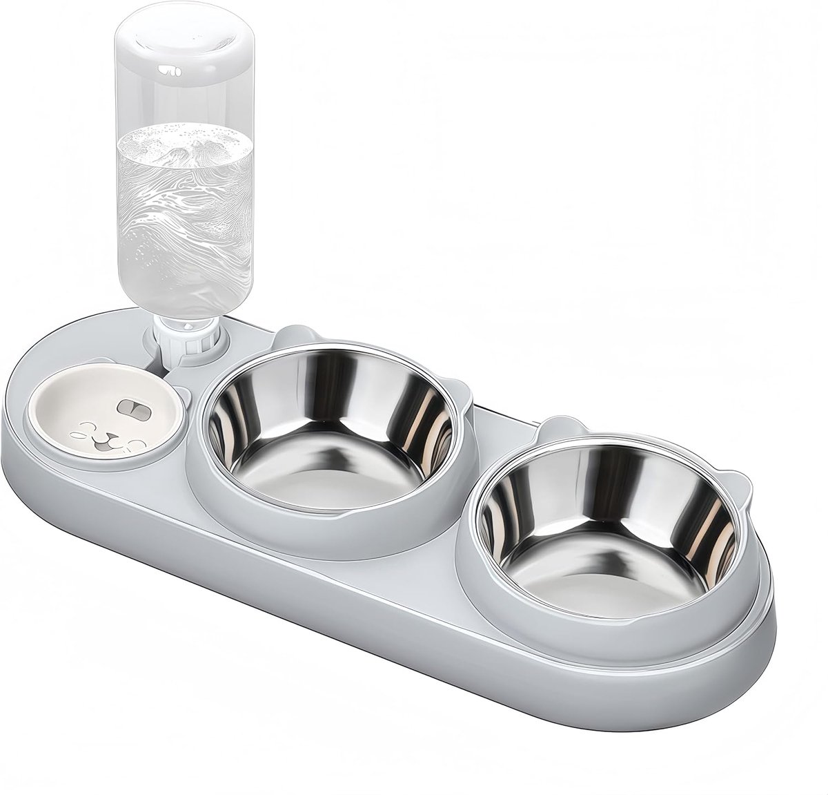 Kattenbak 3-in-1 kattenbak, voederbakset, kattenvoerbak met waterdispenser en 2 waterbakken van roestvrij staal, 15° gekanteld, kattenbak voor binnen, kleine honden