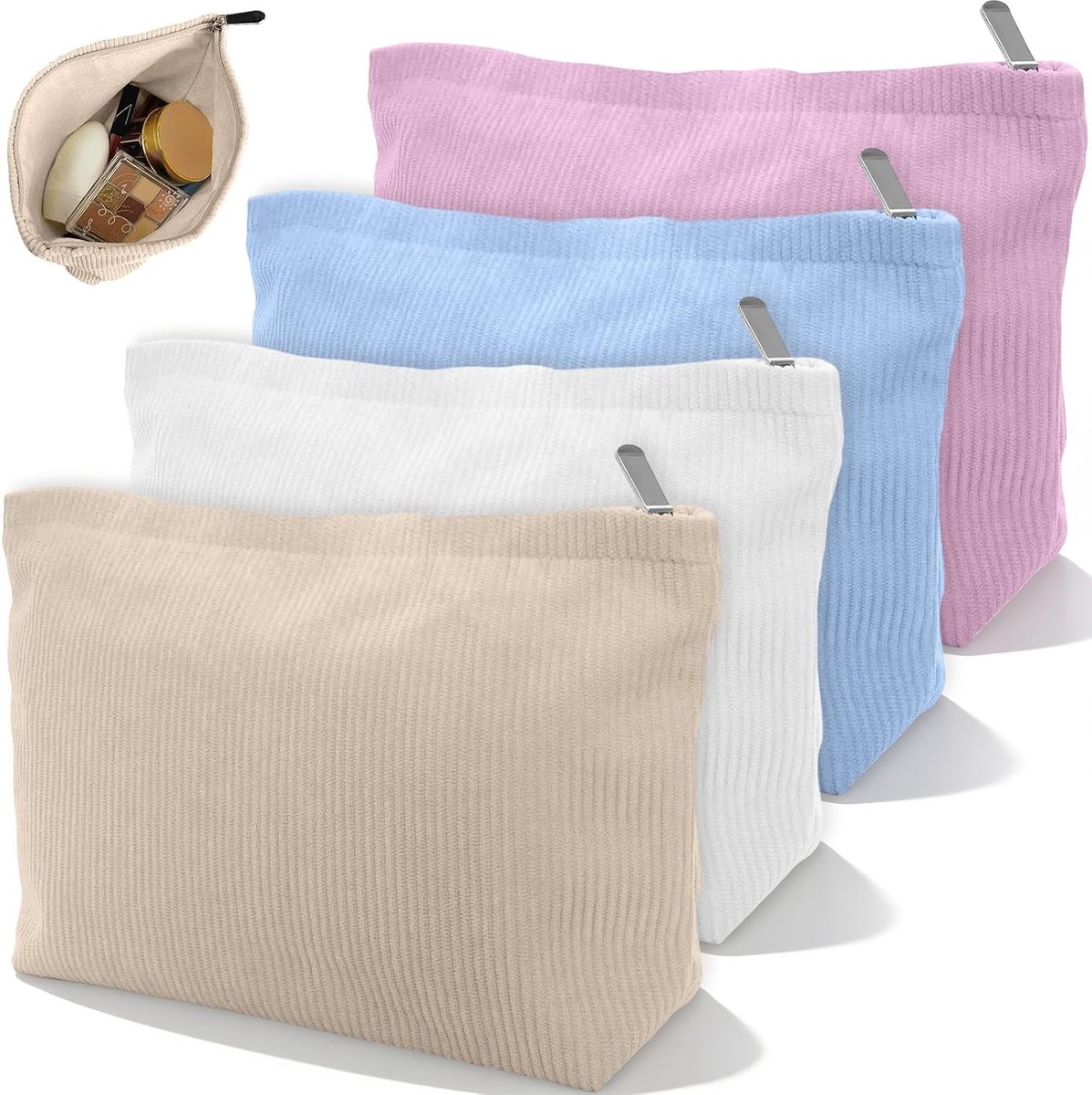 4 stuks cosmetische tassen met metalen rits, corduroy make-up tas voor vrouwen, kleine draagbare reistas, mini toilettas organizer voor handtas portemonnee, huidverzorging tas voor meisjes cadeau (26