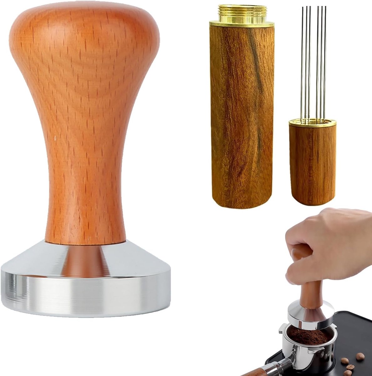 Tamper, espresso tamper, koffiestamper van roestvrij staal, koffiestempel roestvrij staal, met Wdt Tool roestvrij staal, espresso naald voor cafés en koffieliefhebbers