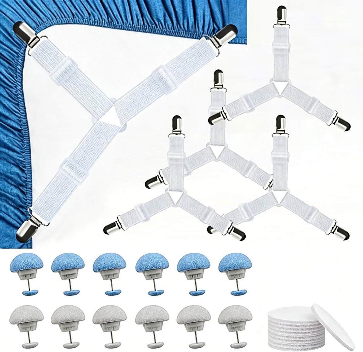Bedlakenspanner en dekbedhouder, 21 stuks, 4 verstelbare bedbevestigingen, 12 dekbedclips, 5 sporen vrije klittenbandsluitingen, universele bevestiging voor matras, dekbedovertrek, bekleding