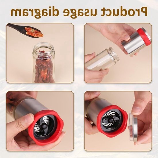 RVS Chili Molen met Glas - Voor Chili Pepers en Specerijen - Grof Gemalen Specerijen en Peper — afbeelding 3