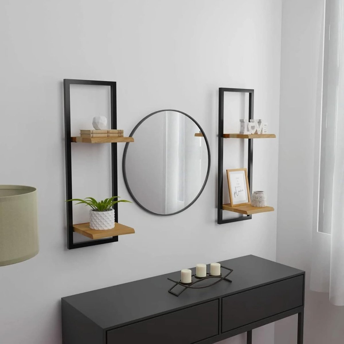 2 stuks wandrekken van acaciahout en staal, 25 x 25 x 75 cm, wandrek van hout, wandrek, woonkamerrek, entree, wandrek, entree, 2 stuks