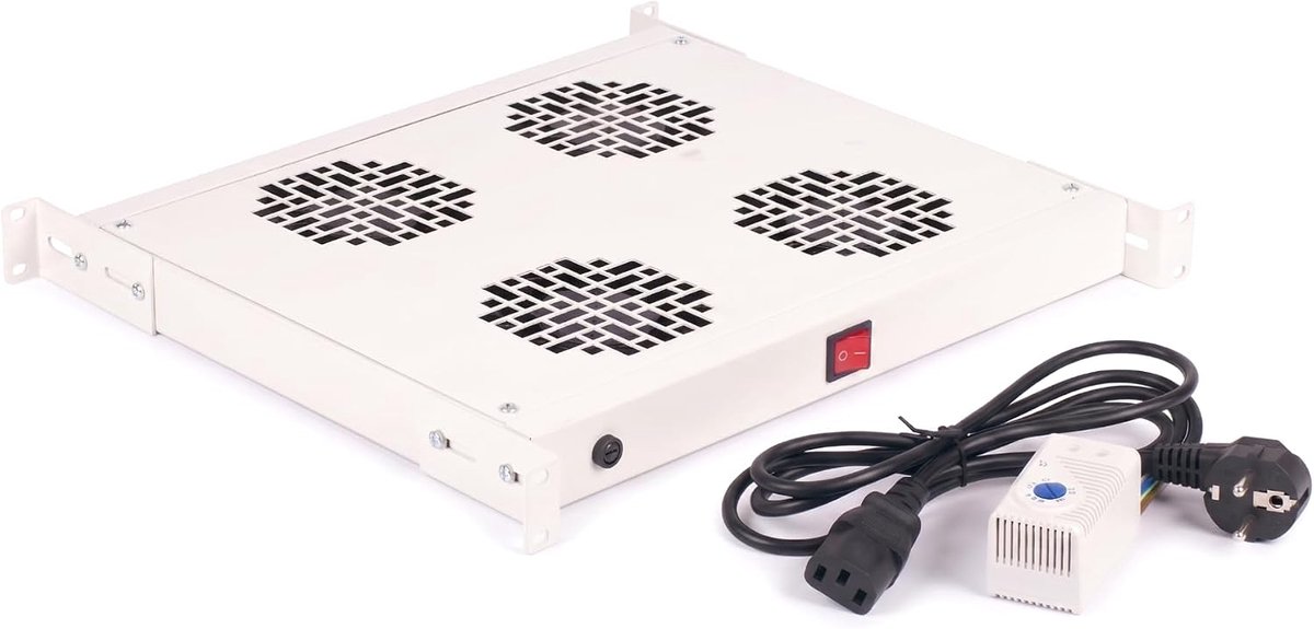 M&D Ventilatie-unit 4 Ventilatoren met Thermostaat 652 m3/h 19" 1U voor Serverkast en Netwerkkast – Verstelbare Diepte – Netsnoer 1,8 m Inbegrepen – Grijs RAL 7035