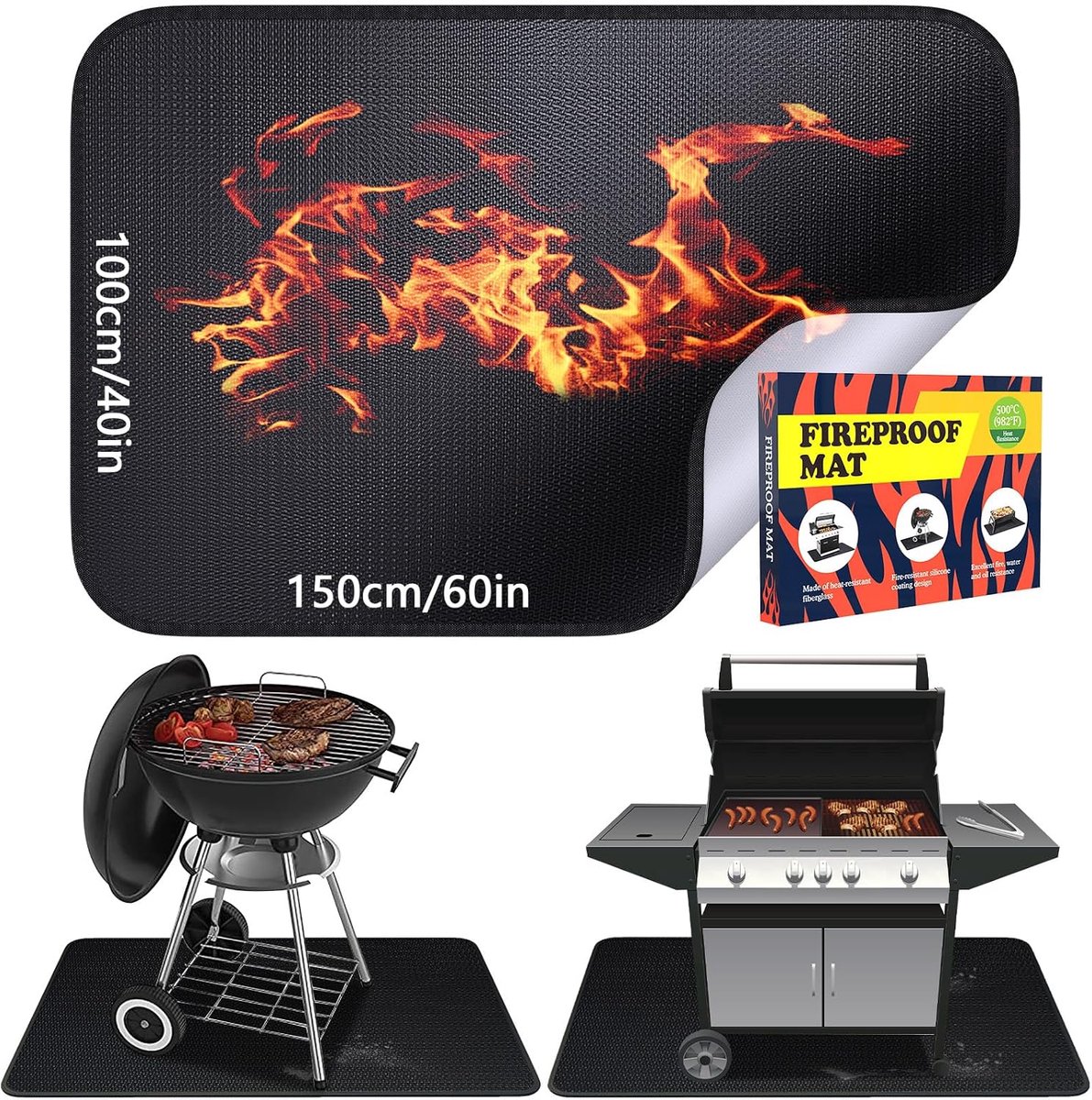 Liner, 100 × 150 cm, hittebestendig tot 1800°F Vuurvaste matten, barbecuematten, vuurvaste matten, valmatten voor buiten, vloerbeschermingsmatten