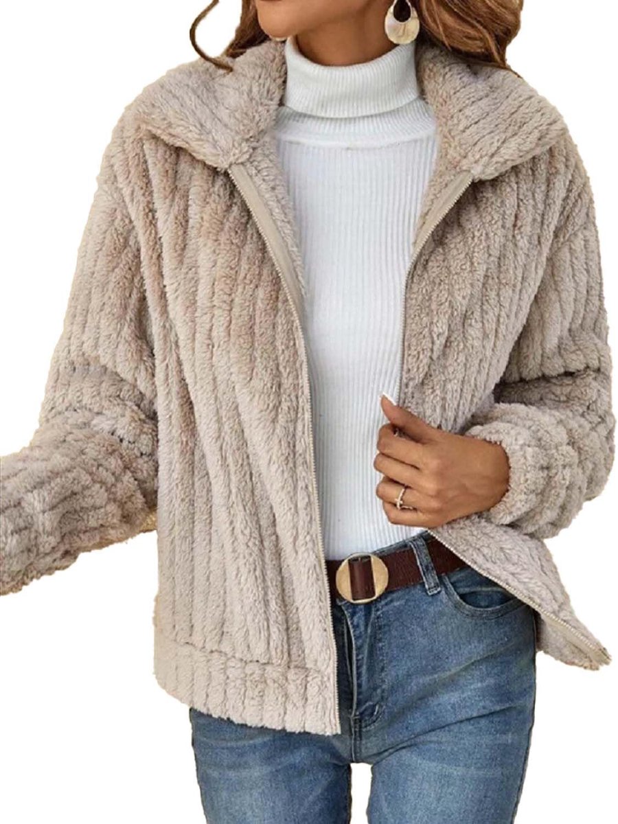 Warme pluche mantel revers korte jas herfst winter jas ritssluiting mantel met zakken