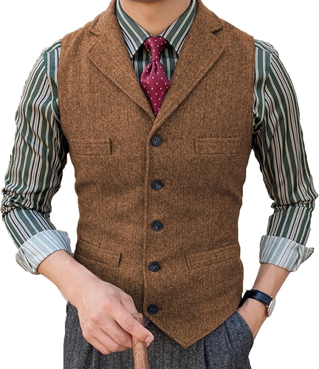 Herenpak vest slim fit wollen jurk vest tweed visgraat voor getuigen