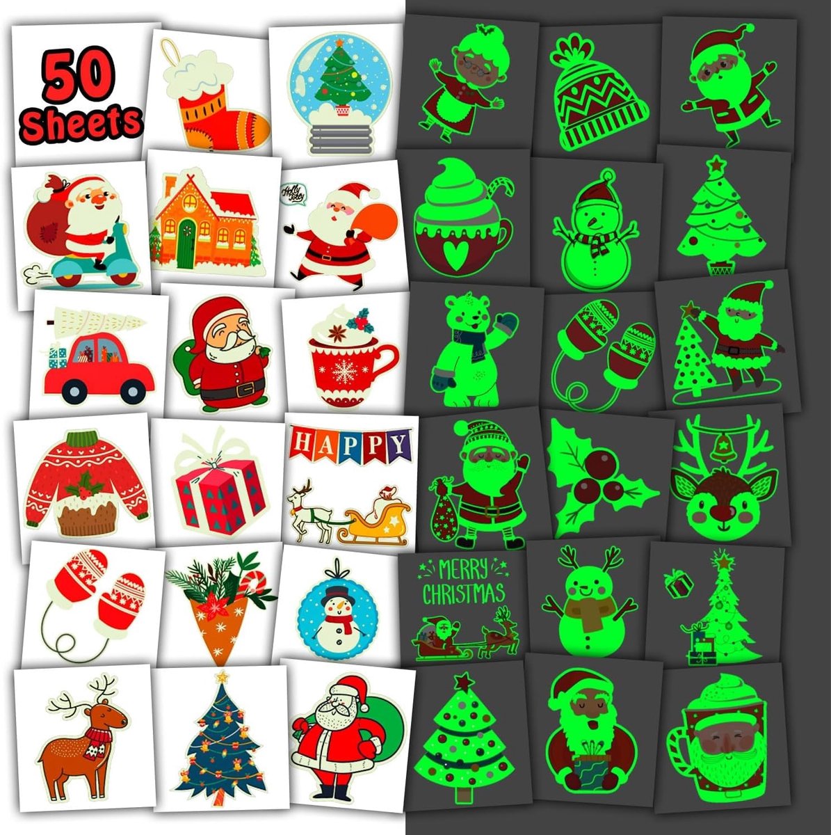 Kersttattoo voor kinderen, voor kerstdecoratie, lichtgevende kersttattoos, tijdelijke tatoeages voor kinderen, kerstcadeau voor kinderen, kerstcadeau, kerstdecoratie, kindertatoeages