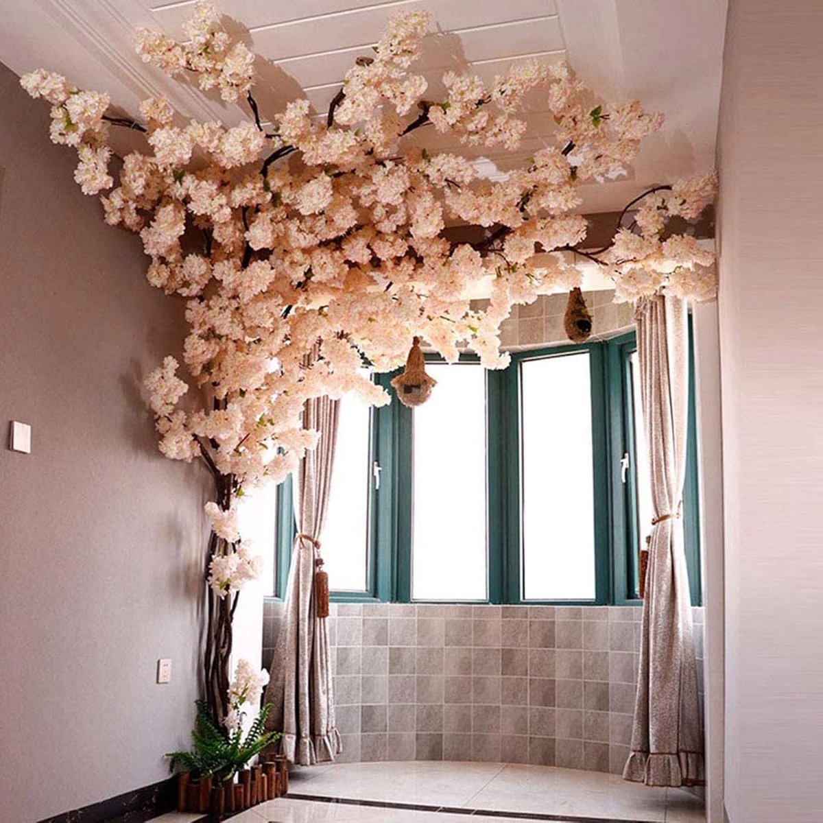Kunstmatige Kersenbloesem Boom Sakura Boom Decor Kersenbloesem Wijnstokken met 30 Takken Kersenbloesem 4 Boom Wijnstok, Champagne Japanse Kersenbloesem Decor voor Binnen Buiten,Champagne