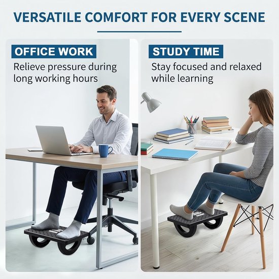 Ergonomische voetsteun voor bureau met massagefunctie, antislip ontwerp, verlichting van benen en rugpijn, ideaal voor kantoor en thuisgebruik (zwart) — afbeelding 3