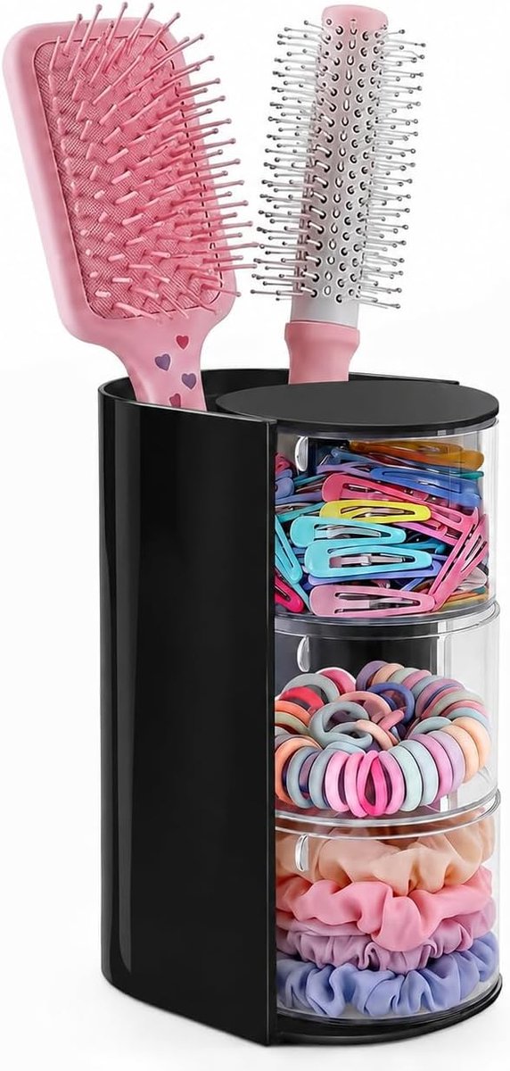 Organizer met haarborstelhouder, 3 niveaus draaibare haarelastiekhouder, transparante opslag voor haarspelden, strikken, scrunchies, kammen, borstels en make-upborstels (zwart