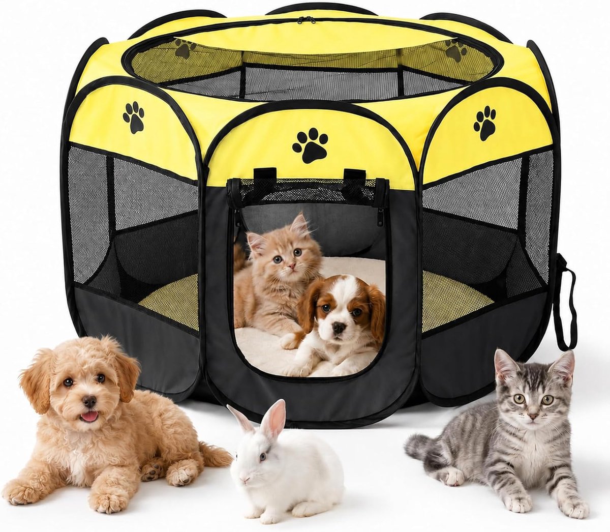 Opvouwbare hondenbox, 74 x 74 x 43 cm, puppybox, kattenhok voor thuis, opvouwbare box, vrijloopren voor honden, katten, konijnen, binnen en buiten (geel)