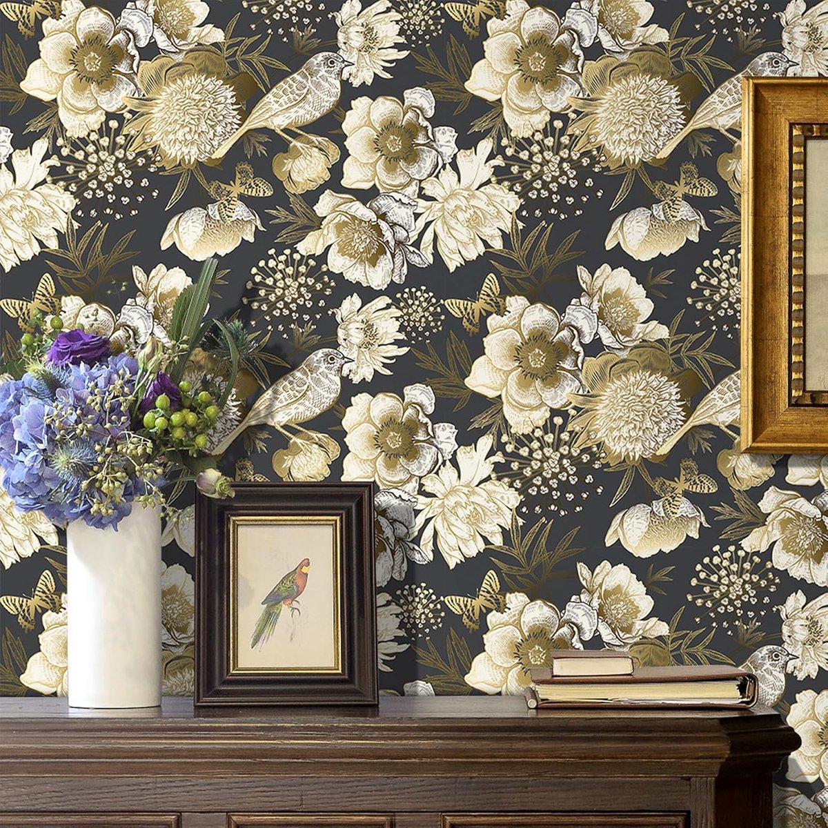 LACHEERY Vintage Floral Wallpaper with Bird Motif Self Adhesive Black and Gold 44.5cm x 200cm Tapestry, Black Gold - ShopVlot