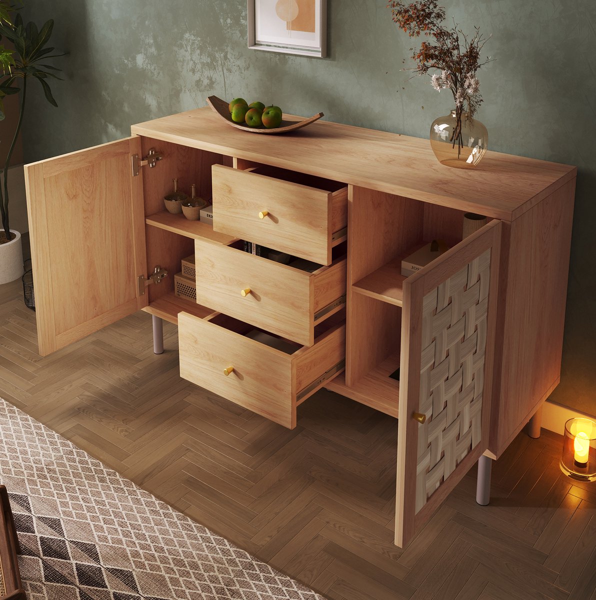 WUVRIE Dressoir 120 x 40 x 75 cm - 2 deuren, 3 lades en verstelbare legplanken - Eiken