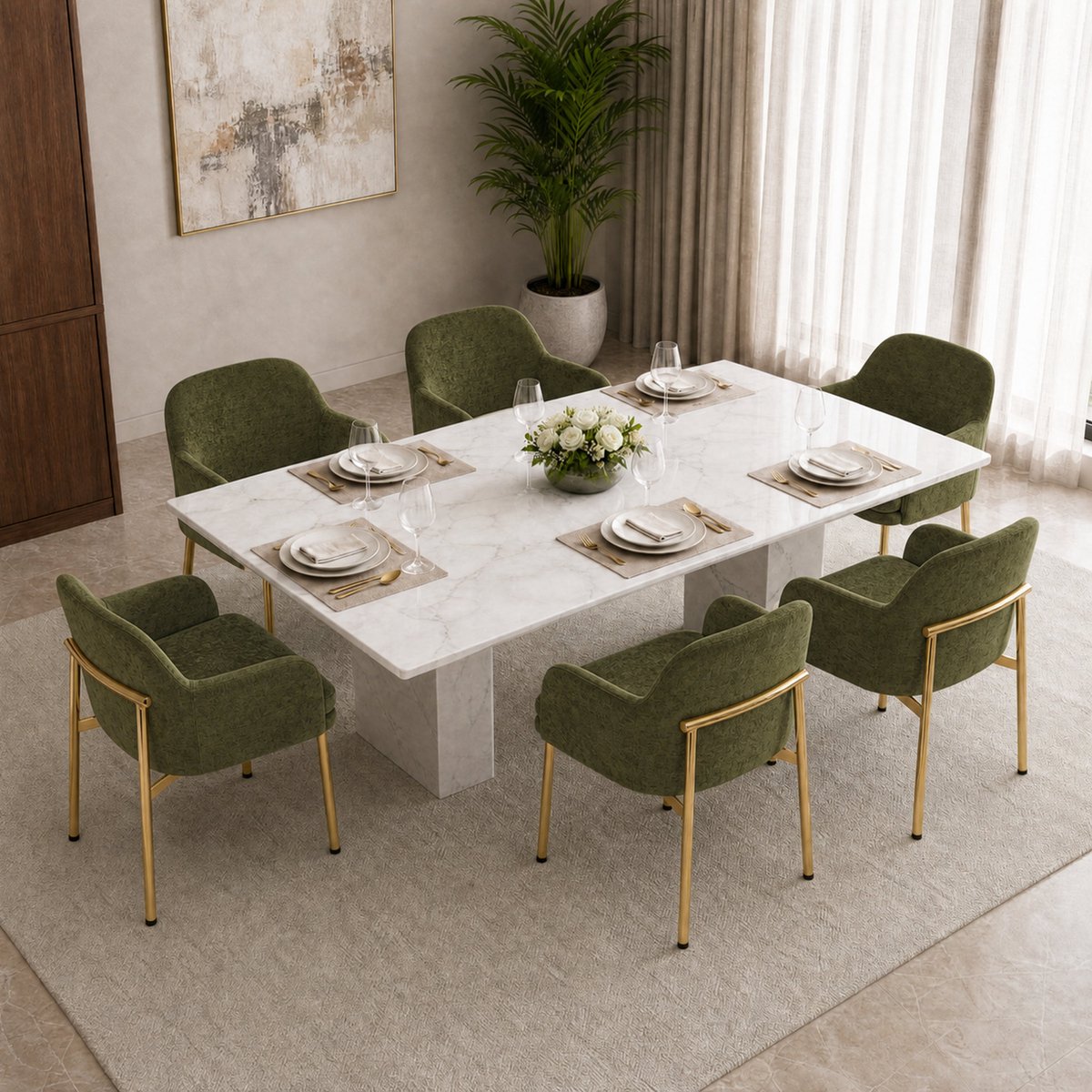 FloraGrace Eetkamerstoelen 61 x 59 x 78,5 cm - Set Van 6 Met Armleuningen - Voor Eetkamer En Keuken - Polyester En Metaal - Groen En Goud