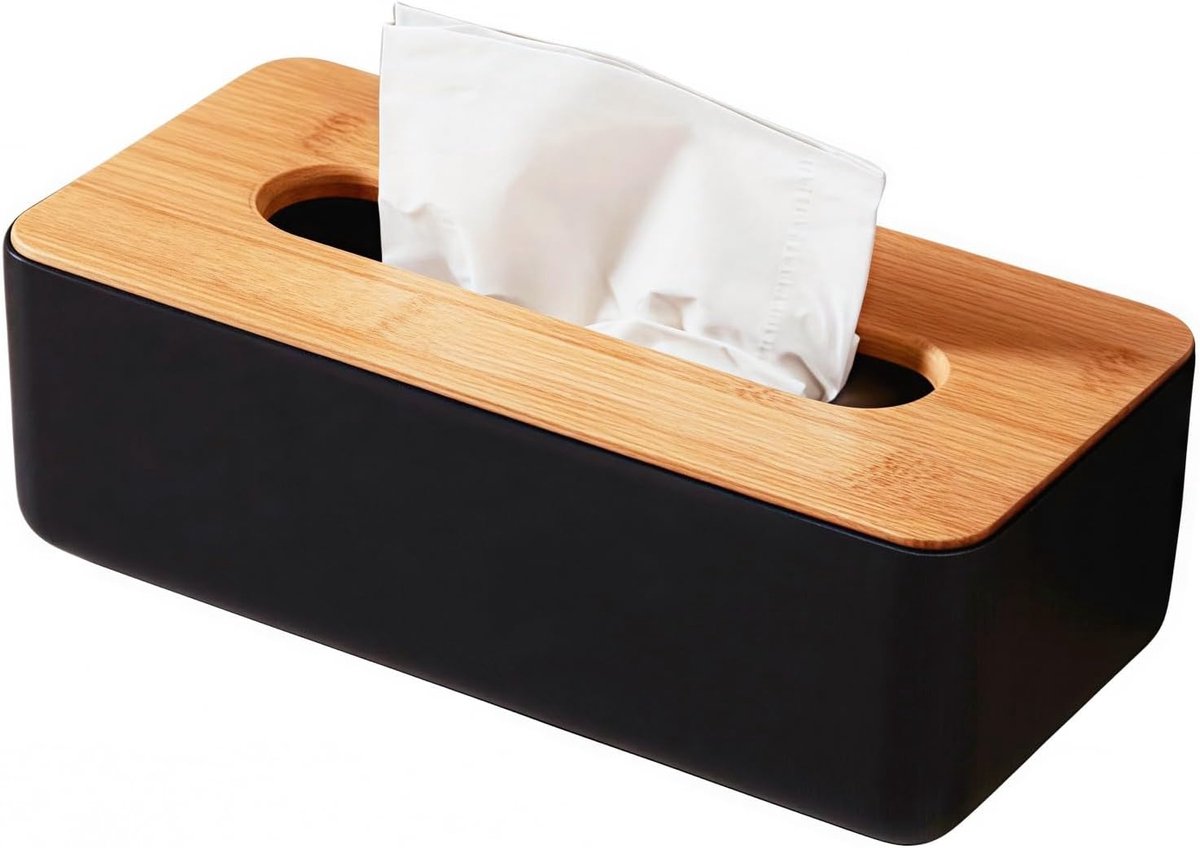 Tissue Box - Tissuedoos - Tissue Houder - Kunststof Opbergdoos met Bamboe Deksel - Voor Badkamer, Make-up, Keuken, Woonkamer en Slaapkamer - 21x12x10 cm - Zwart - 1 stuk