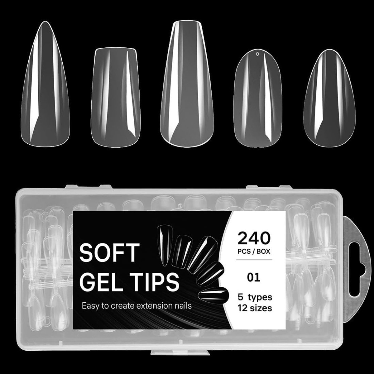 Kunstnagels 240 stuks - 12 maten - 5 nagelvormen - Geschikt voor beginners - ShopVlot