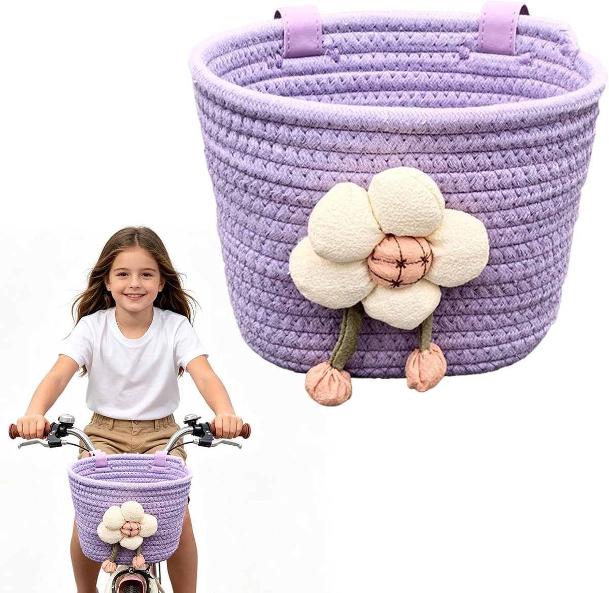 Fietsmand voor kinderen, gevlochten stuurmand met bloemendecoratie, afneembare en opvouwbare fietsmand met PU-riemen, voor 12-20 inch kinderfiets, scooter en loopfiets