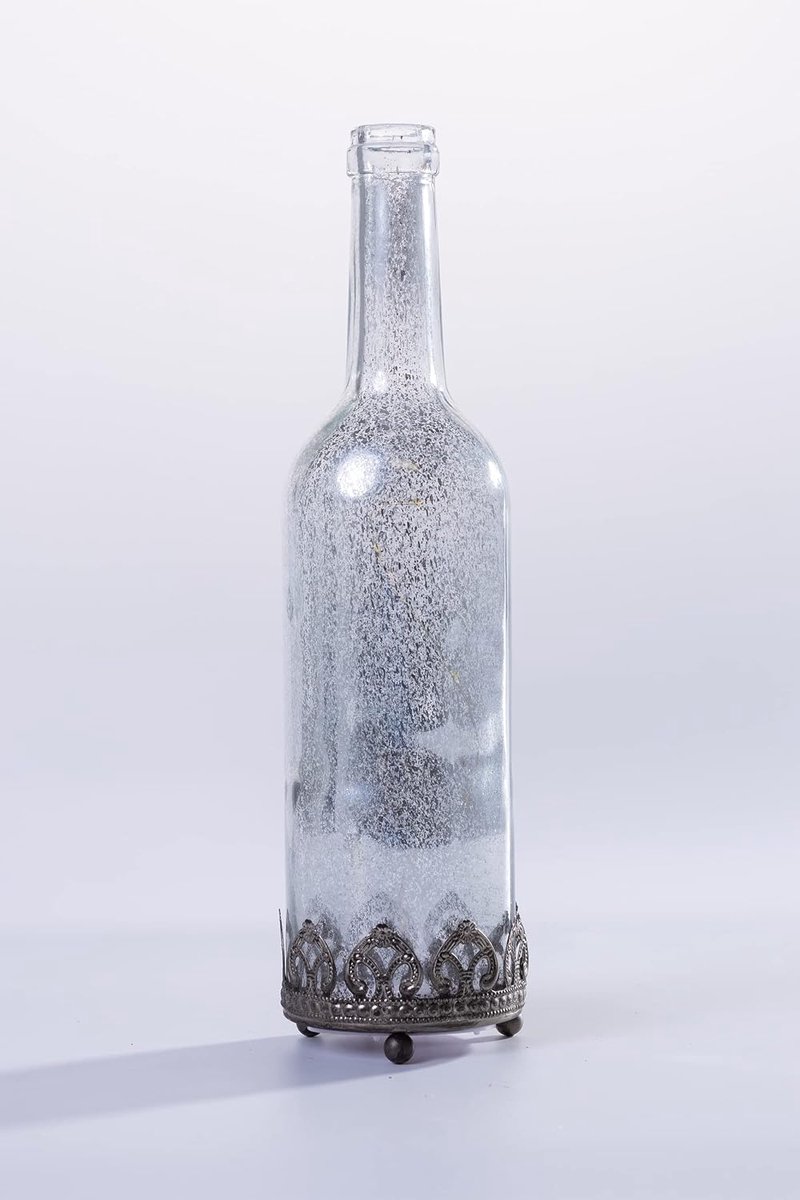 Vintage, tafeldecoratie, licht, werkt op batterijen, decoratieve fles met ledverlichting, elegant zilver, Ø 8 cm × H 29 cm