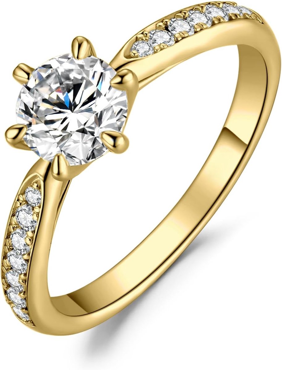 Solitaire ring, verguld met 14K geelgoud, 0,5 karaat, moissaniet rond geslepen, eeuwigheidsring, kunstdiamant, klassieke beloftesteen 22