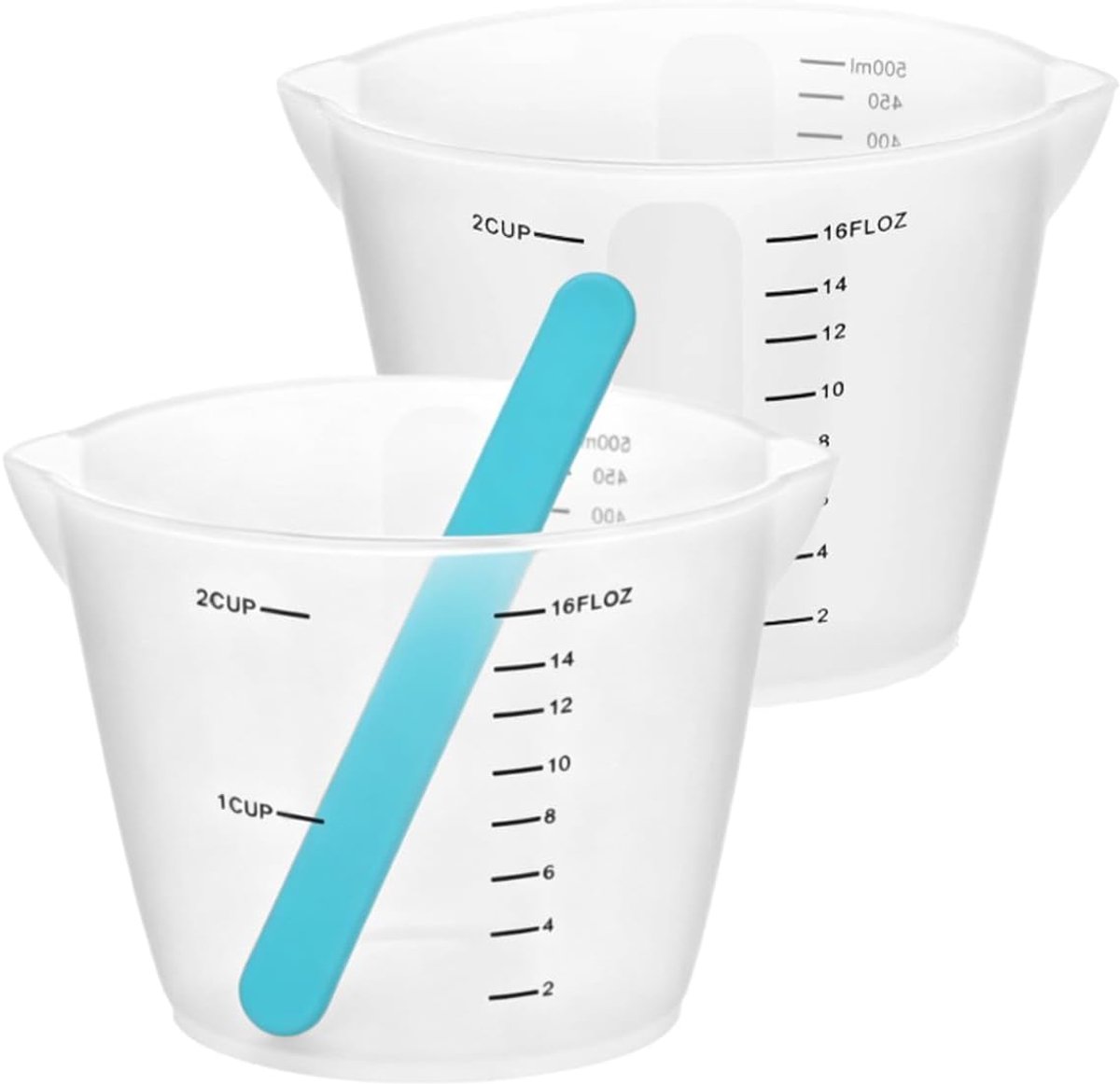 Maatbekers met Dubbele Schaalverdeling | 500ML Wit Maatbeker van Siliconen met Roerstaafjes, Herbruikbare Siliconen Maatbekerset voor DIY, Laboratorium, Keuken